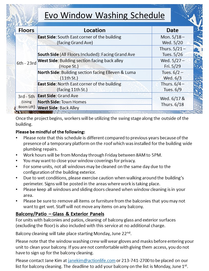 Window Washing Schedule – Evo