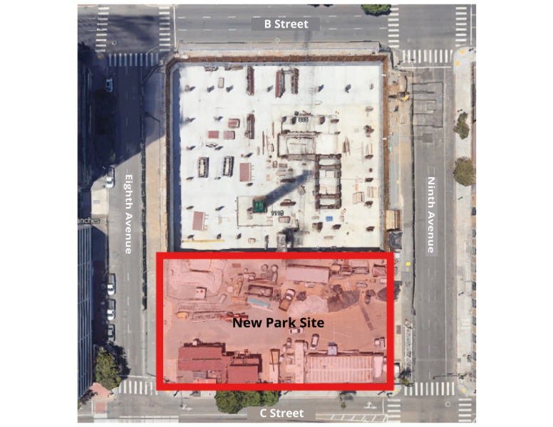 24,000 square-foot site (outlined in red below) is situated on the north side of C Street between Eighth and Ninth Avenues (https://maps.app.goo.gl/BHYABeDDu9buNip96).